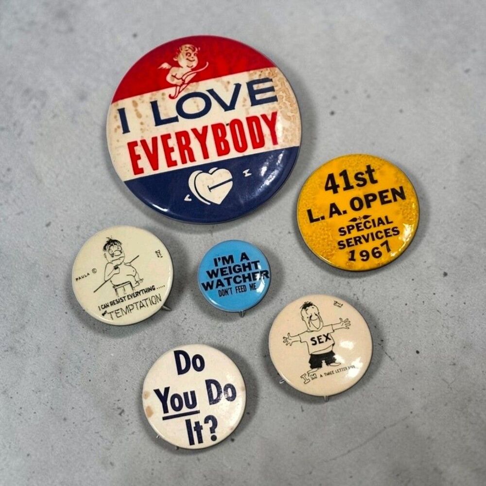Vintage 1960s 70s Pinback Button Lot of 6 Humor Slogans Collectible Funny Retro